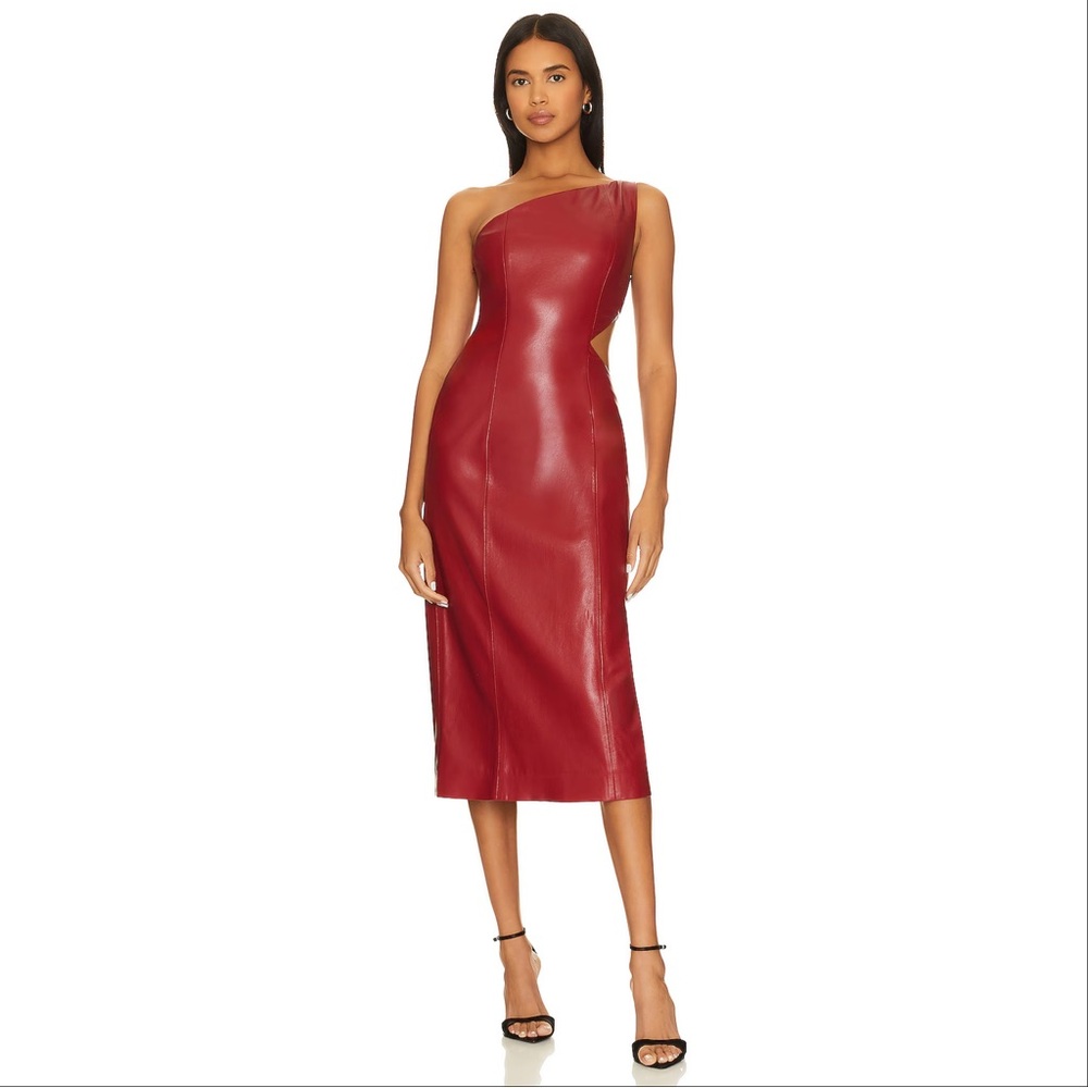 House Of Harlow 1960 Bordeaux Dress Size M Red Vegan Leather Midi Cut Out NWT